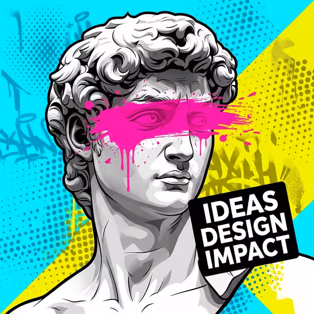 Marble bust with a hot-pink paint stroke across the eyes and an 'Ideas Design Impact' sign